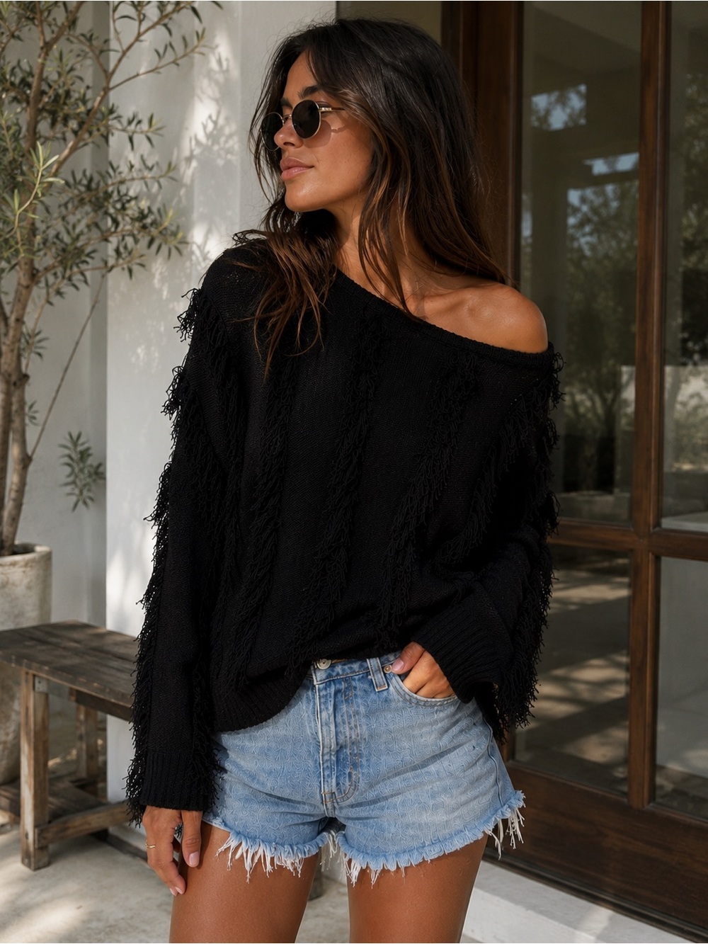Chaser Black Fringe Textured Knit Sweater Oversized Boho Festival Pullover S